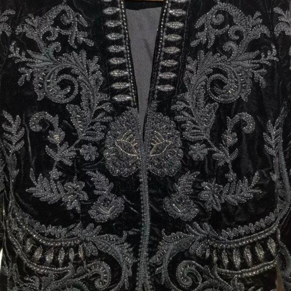 Fantasy Chiffon Ruffles Floral Embroidered Beading Black Velvet Jacket Sz M - Picture 6 of 10